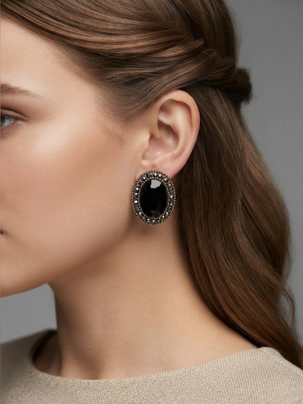 Vintage Victorian Black Stone Earrings | Gold-Tone Oval Hematite Rhinestone
